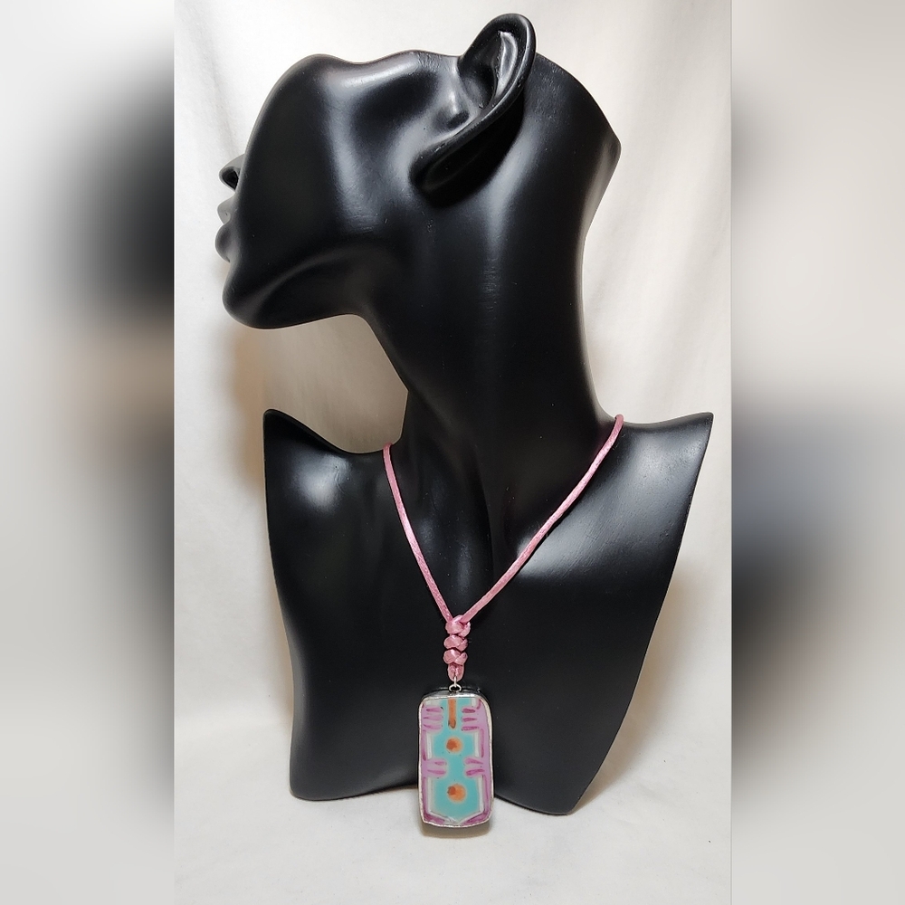 Vintage Ceramic Tile Pendant Necklace Mid-Century Modern Abstract Adjustable